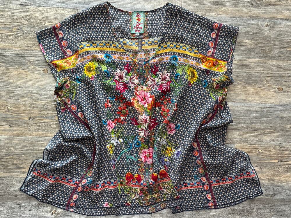 Johnny Was Dolce Drapey Printed Top XL Boho Scalloped Hem Swing Blouse
